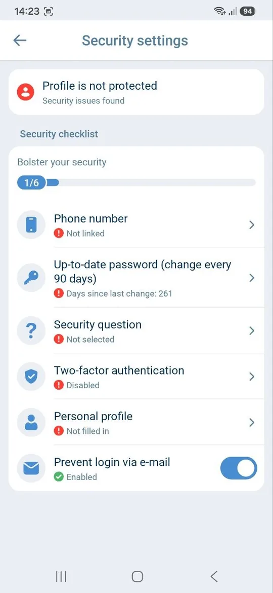 1xBet Security settings screen with a six-item checklist: phone number, password age, security question, two-factor authentication, personal profile and prevent login via e-mail