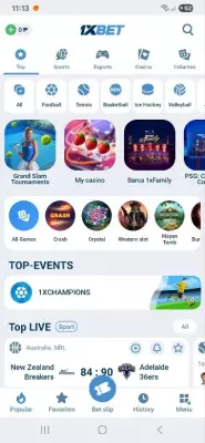 1xBet app home screen